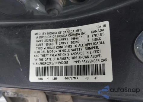 2017 Honda Civic Lx из США, поврежденный, VIN 2HGFC2F57HH502061